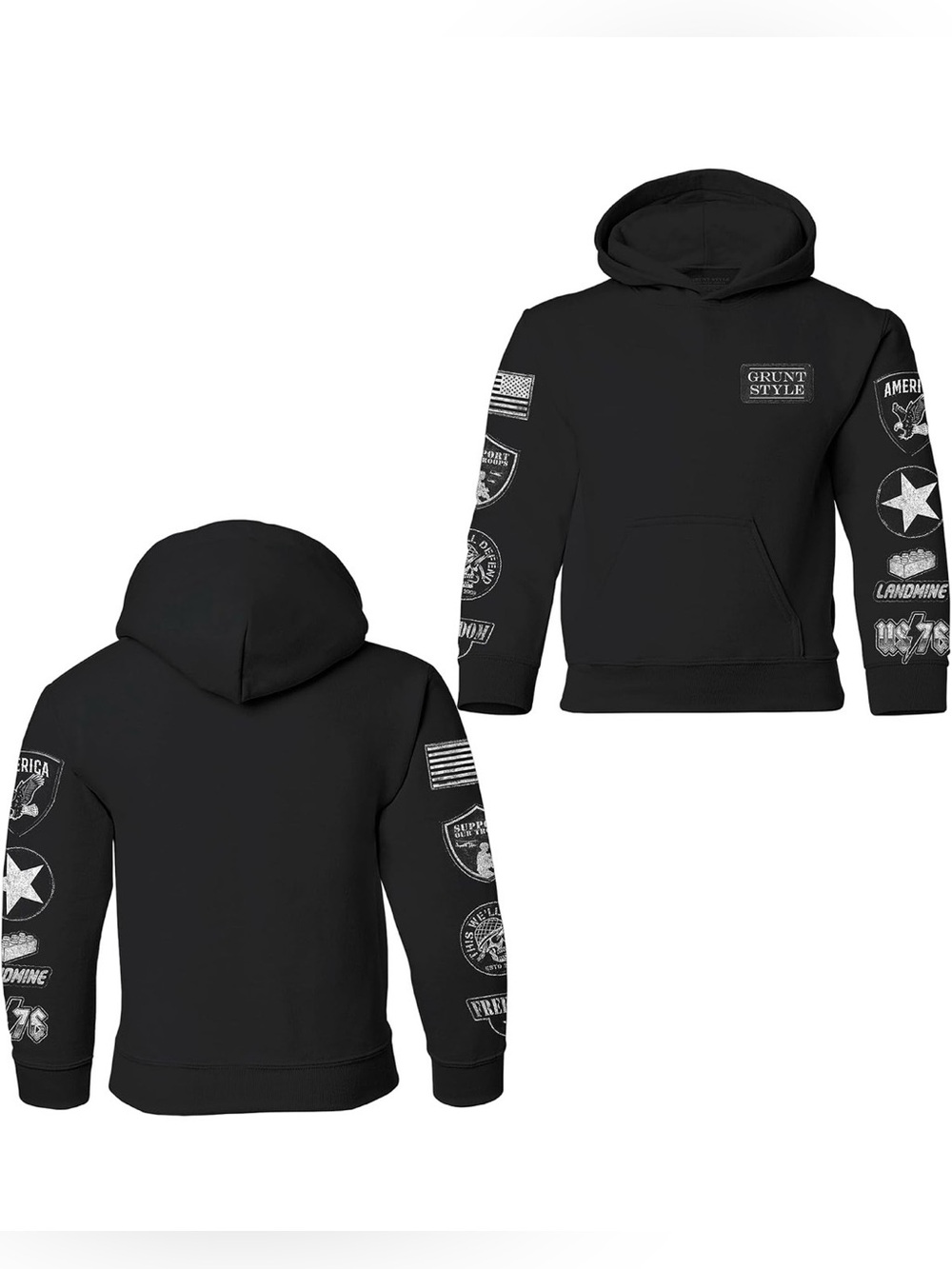Grunt Style Kids Black Hoodie with Sleeve Patches